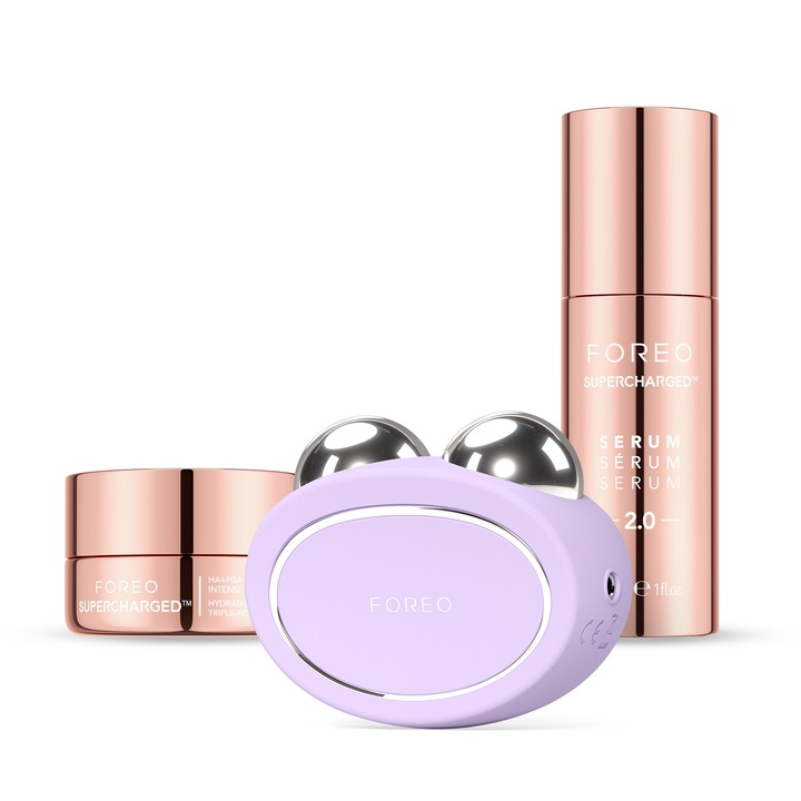 Set FOREO Total Facelift, Aparat facial cu microcurenti BEAR 2 + SUPERCHARGED SERUM 2.0 30 ml + Crema hidratanta SUPERCHARGED HA+PGA, tripla actiune, 15 ml, Anti-imbatranire, Ingrijirea pielii