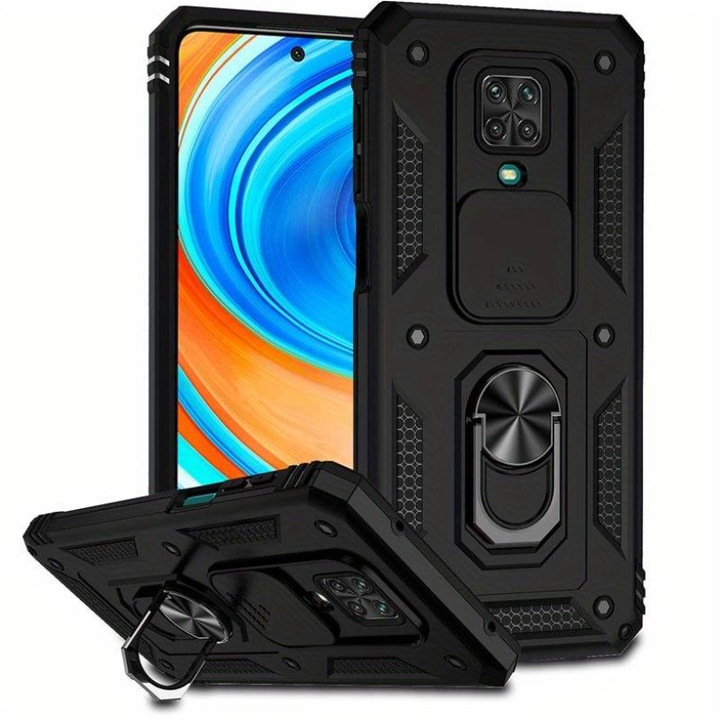 Husa de protectie compatibila cu Xiaomi Redmi Note 9S/9 Pro/9 Pro Max, Defender Slide, cu inel magnetic, protectie camera, margini intarite, TPU, Negru