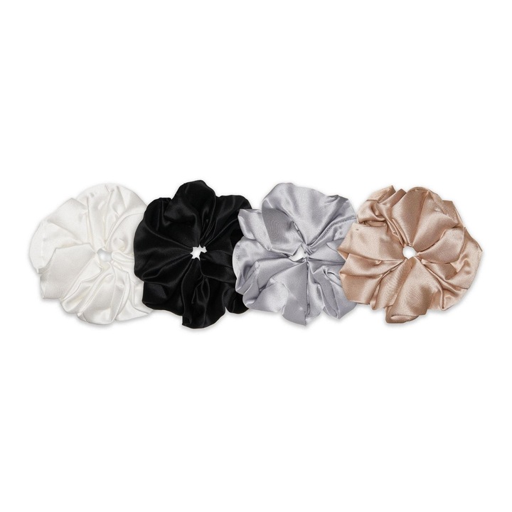 Set 4 elastice mari din matase Mulberry Ivoire, Negru, Silver Gray, Caramel