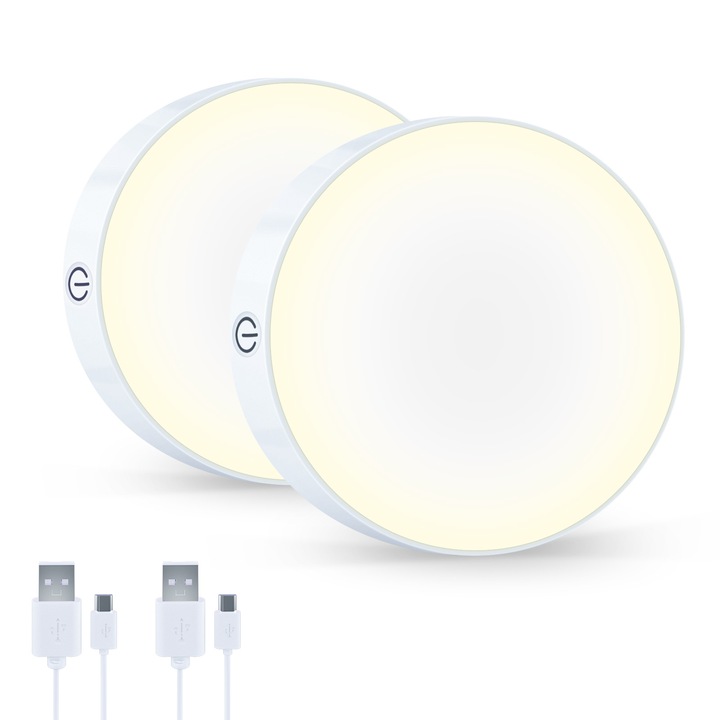 Set x2 Lampa SMART LED, Fara fir, Luminozitate reglabila, Baterie de 1000mAh reincarcare rapida USB, Consum redus 0.6W, Culoare Alb, Lumina calda