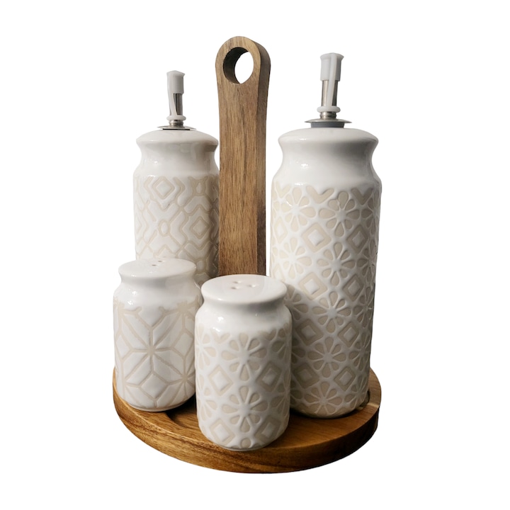 Oliviera 4 piese, ceramica, albe, cu suport din lemn, model rustic, 2 recipiente sare/piper si 2 dispensere ulei/otet