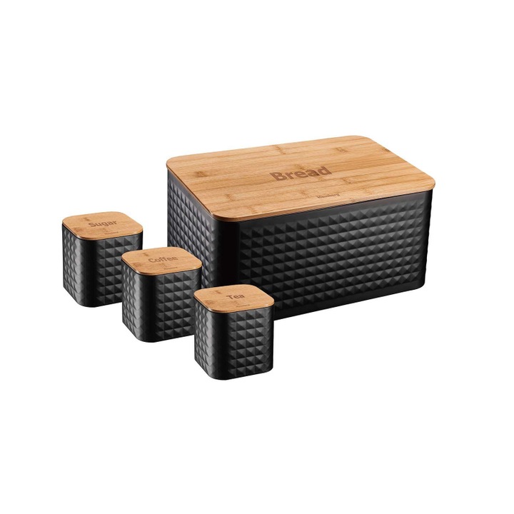 Set cutie pentru paine, din otel-bambus, si 3 recipiente pentru bucatarie, negru, Klausberg