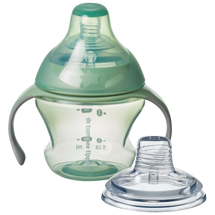 Cana de tranzitie Tommee Tippee, tetina asemanatoare sanului si duza de baut din silicon moale, manere detasabile, usor de prins, capac etans, 150 ml, 4-7 luni, verde