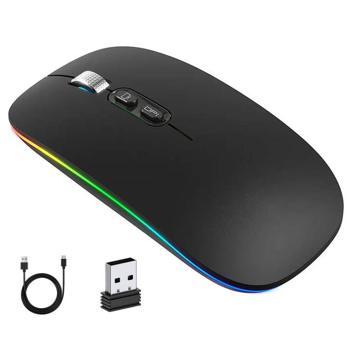 Axroad Mall, Ultravékony vezeték nélküli vezeték nélküli egér, Bluetooth 5.1 és 2.4 GHZ, Állítható 800/1200/1600DPI, USB interfész, RGB világítás, 5 gomb, 500 mAh, Ergonomikus és csendes kialakítás, 113*57*25 mm, Fekete