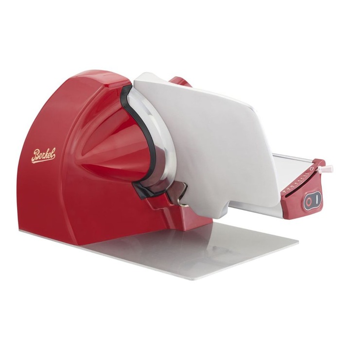 Електрическа резачка Berkel, Home Line 250 Plus, регулируема дебелина 0-18 mm, острие от гладка хромирана стомана 25 cm, за сирена, колбаси и хляб, минимизиране на отпадъците от храна, защита на ръцете, предпазен стоп, мощен мотор, светещ ключ, червен