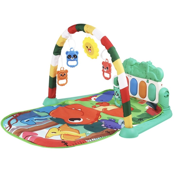 Centru de activitati pentru bebelusi, Multifunctionala 4 in 1 cu muzica si lumini, Covoras interactiv cu dinozauri, 5 jucarii senzoriale, Pian reglabil pentru baieti si fete, 0 luni+