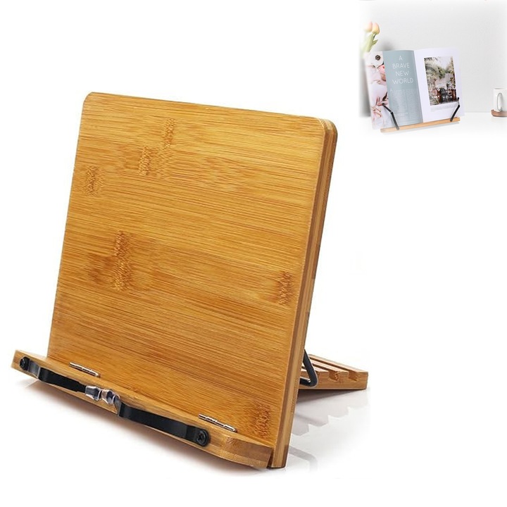Suport tip stand pentru carti din bambus, 2 brate reglabile, Maro