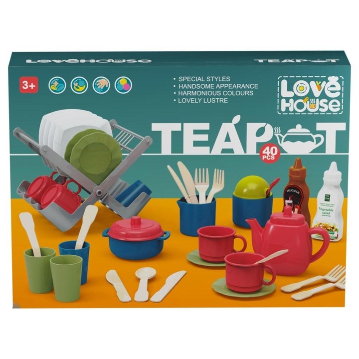 Set de vase cu uscator, Love House, 3 ani +, 40 piese, multicolor
