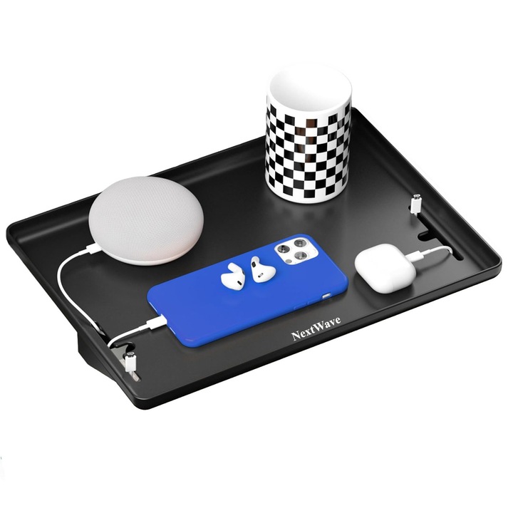 Рафт за легло/нощно шкафче NextWave, с държач за телефон, зарядно, таблет и предмети, държач за кабели, 32x24x7.5cm, бял, черен