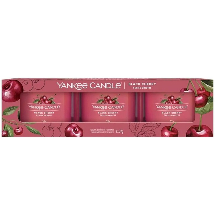 Set 3 lumanari parfumate - Black Cherry, Cirese amare, Roz, Sticla