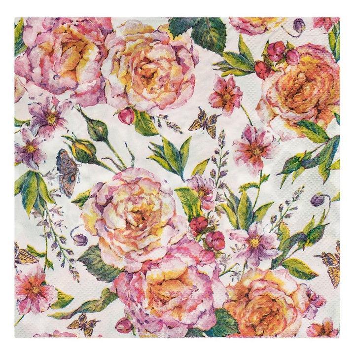 Set 20 servetele de masa Shopiens® cu 2 straturi, cu model trandafiri multicolori, 33 x 33 cm