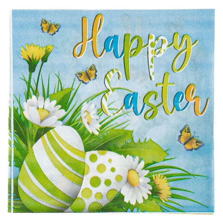 Set 20 servetele de masa Shopiens® cu 2 straturi, cu model de Paste oua vopsite, flori si fluturi, mesaj ”Happy Easter”, 33 x 33 cm