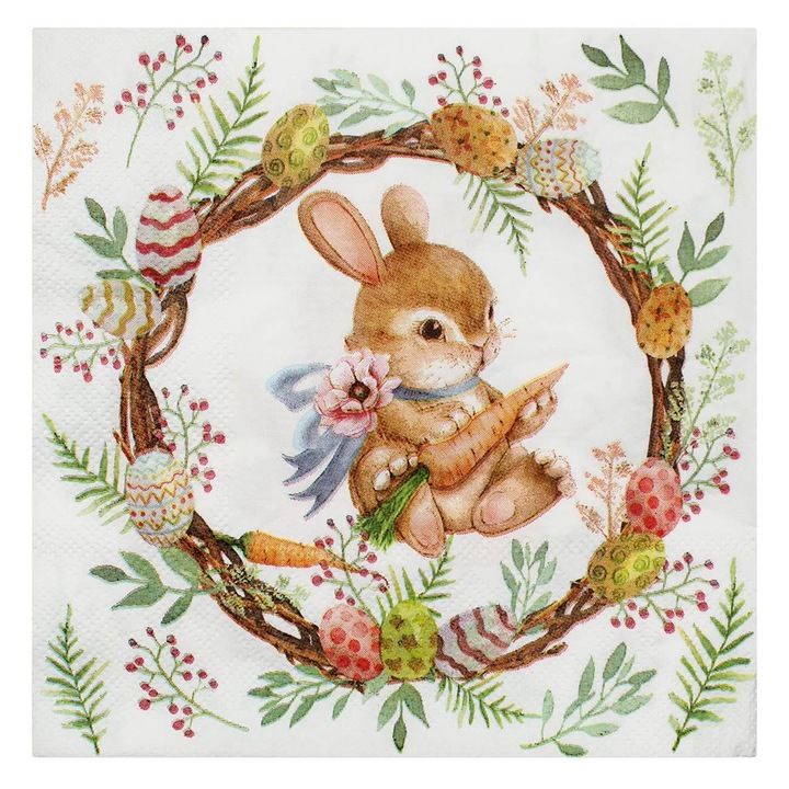 Set 20 servetele de masa Shopiens® cu 2 straturi, cu model de Paste iepure cu morcov si coronita cu oua, 33 x 33 cm