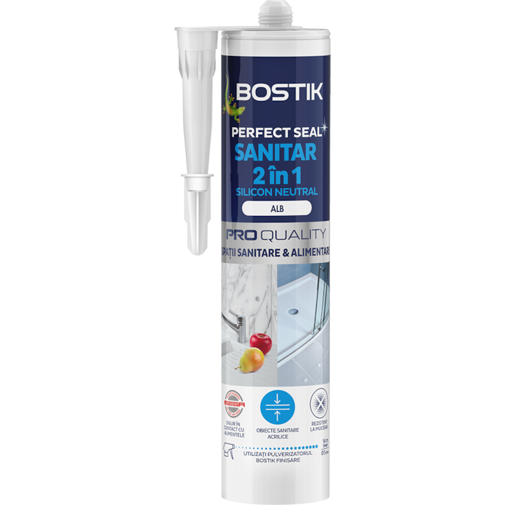 Санитарен силиконов уплътнител Bostik Sanitary Silicone Neutral, Бял, За вътрешна употреба, 280 мл