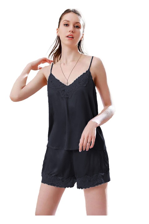 Kétrészes pizsama garnitúra csipkebetétekkel, felsővel és rövidnadrággal S-483 fekete 96681, Fekete, L-XL