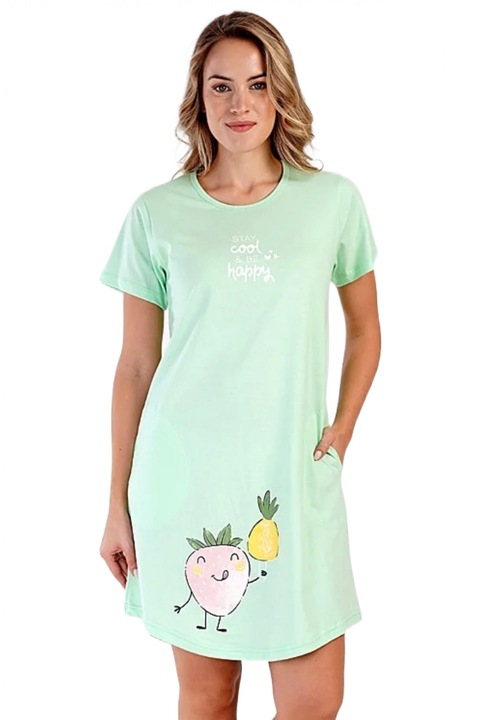 Camasa de noapte gravida, deschidere pentru alaptat, bumbac, cool and happy, vernil 6162, Verde