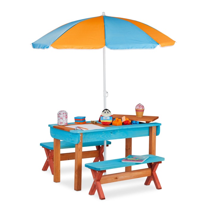 Set masa cu 2 banci pentru copii, umbrela inclusa, spatiu de depozitare in blatul mesei, lemn de pin, 50, 5 x 90 x 49 cm