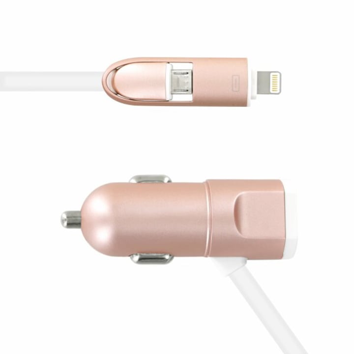 Autós töltő, 1xUSB A és Micro-USB/Lightning kábel, 120cm kábelhossz, töltő LED, 12-24V, Rose Gold