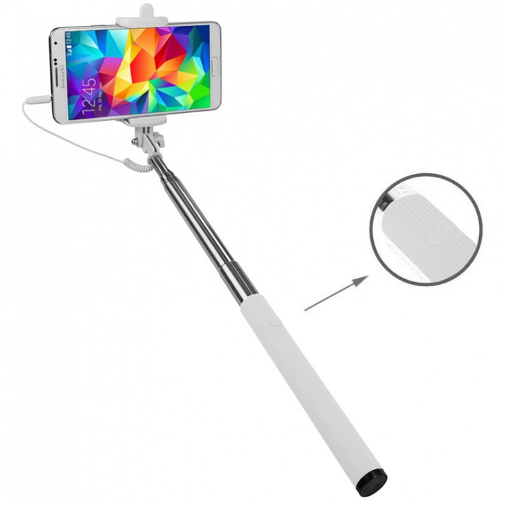 Selfie stick telefonhoz, 3,5 mm-es jack csatlakozó, gombbal a fogantyún a kamera kioldásához, 90 cm maximális hossz, fehér