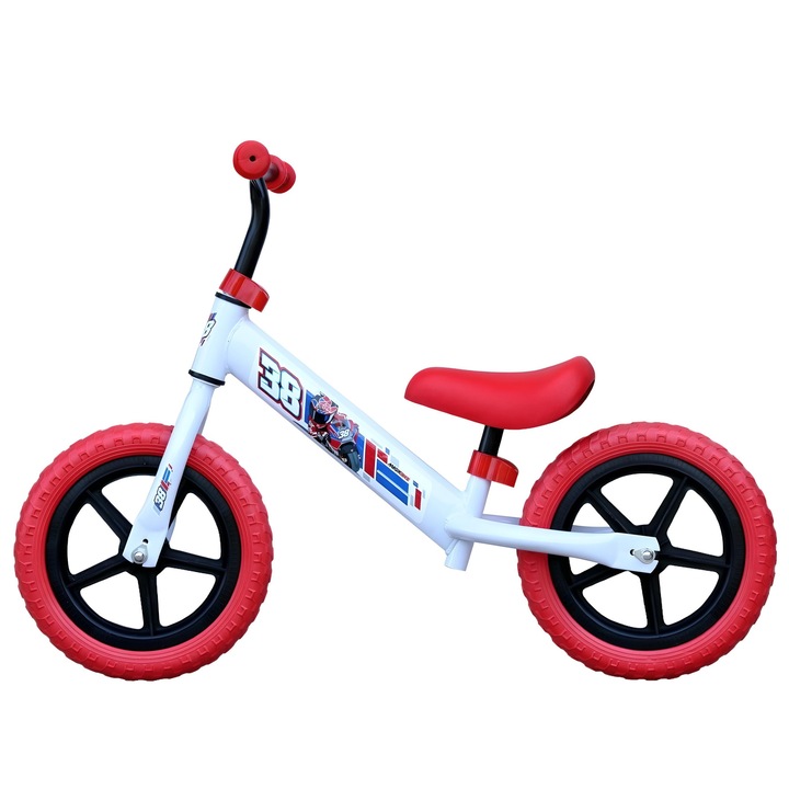 Bicicleta echilibru fara pedale pentru copii, Magik Bikes, roti din spuma EVA 12 inch, reglabila inaltime, design Fast no.38, 2-5 ani, alb cu rosu