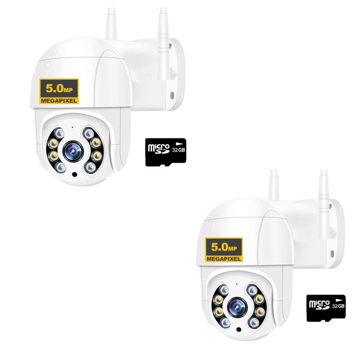 2 db ALG™ forgó kamera + 32 GB-os KÁRTYA csomag, 5 MP IP-felügyelet, 2 beltéri/kültéri antenna, eső- és fagyálló, fehér