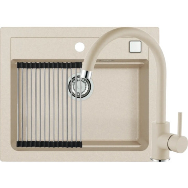 Pachet Chiuveta Bucatarie Granital Alveus Atrox 30 Terra + Baterie Kati + Suport Scurgator