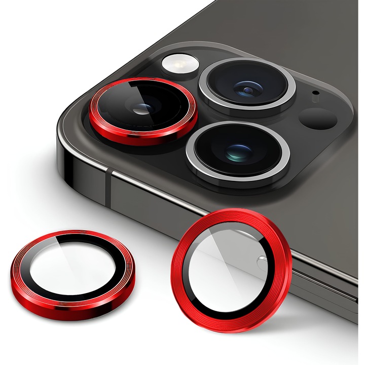 Folie Protectie Camera pentru iPhone 14 Pro / 14 Pro Max, Sticla Securizata, Aluminiu, 3 bucati, Ultra Slim, Duritate 9H, Anti Zgarieturi, Anti Amprente, Anti Socuri, Rosu