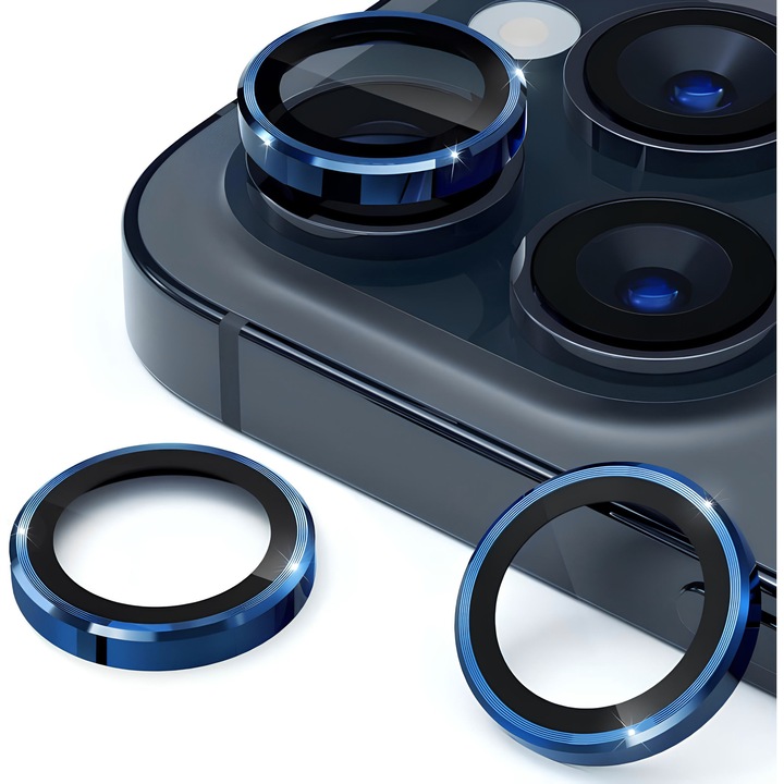 Folie Protectie Camera pentru iPhone 11 Pro / 11 Pro Max / 12 Pro, Sticla Securizata, Aluminiu, 3 bucati, Ultra Slim, Duritate 9H, Anti Zgarieturi, Anti Amprente, Anti Socuri, Albastru