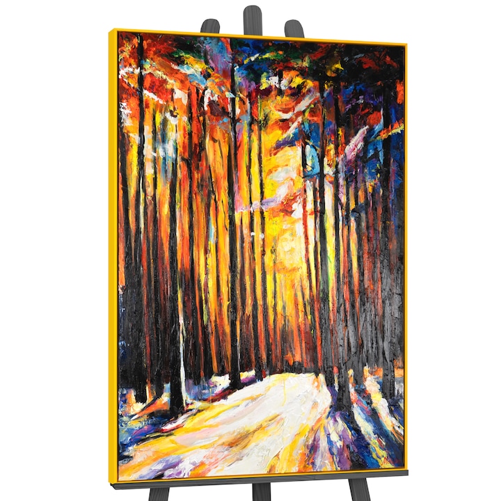 Tablou pictat manual, acrilic pe panza, Armonia padurilor, cu rama in Galben, 120x80 cm