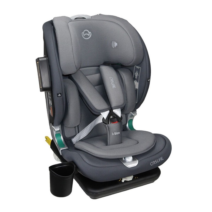 Scaun auto pentru copii, Casual Goldfix Plus, i-Size, 76 - 150 cm, 9 - 36 kg, Gri, difuzor Bluetooth
