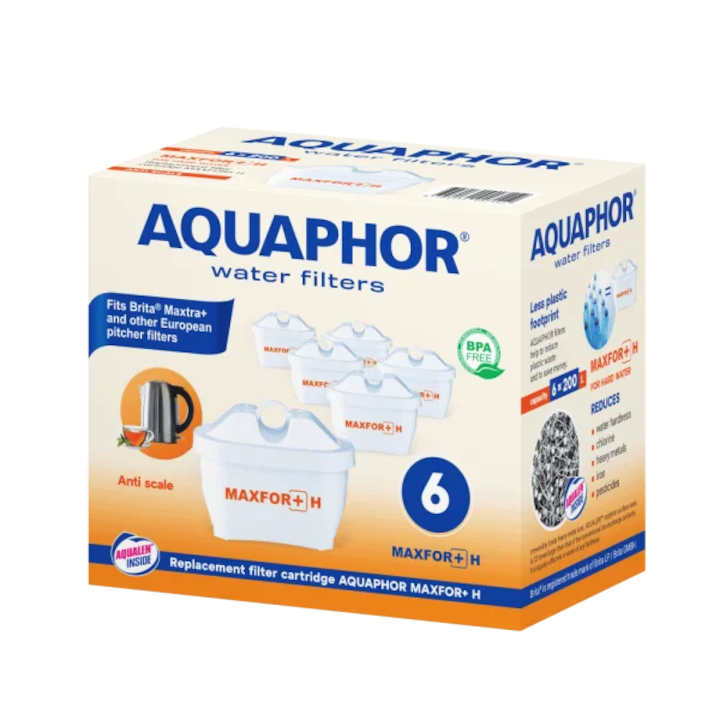 Филтър Aquaphor B25 Maxfor+ H за твърда вода, Изключителна защита от варовик, 200л, 6 броя