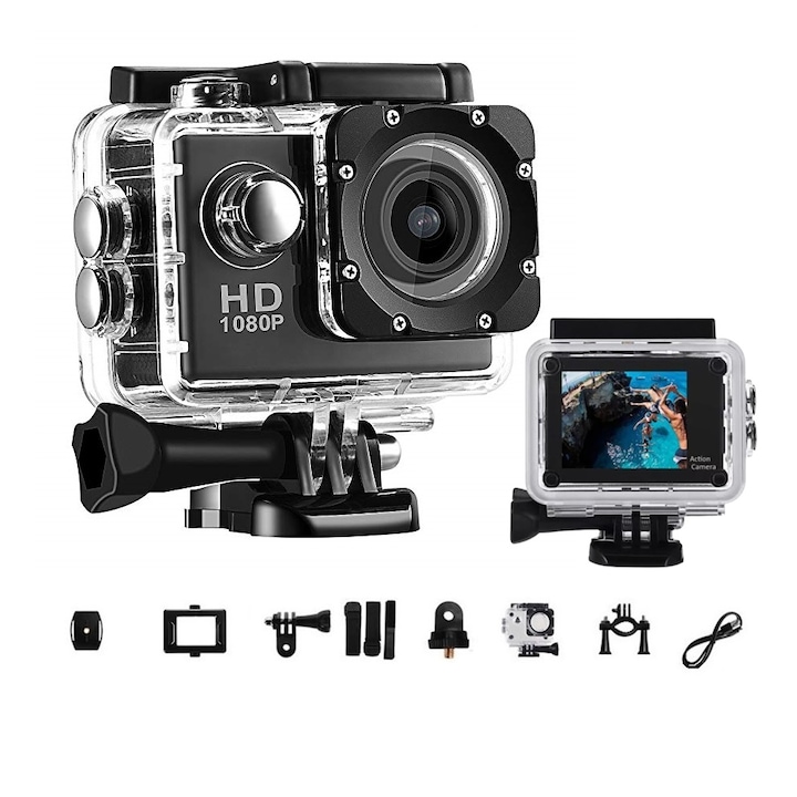 Спортна eкшън камера 1TECH GoPlus SP1080p, Водоустойчива, HD, Включени аксесоари, Черен