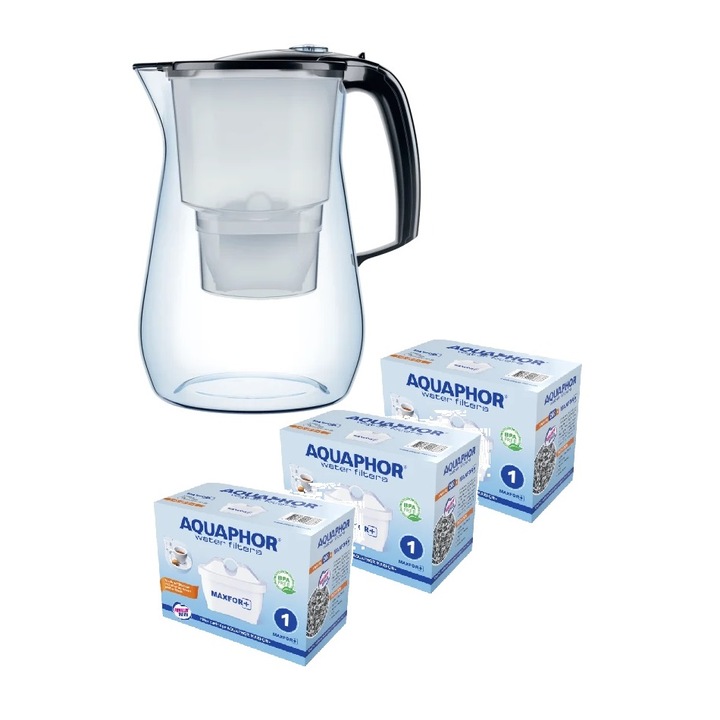 Кана за филтриране на вода Aquaphor, Модел Оникс, с 3 филтъра, Черен