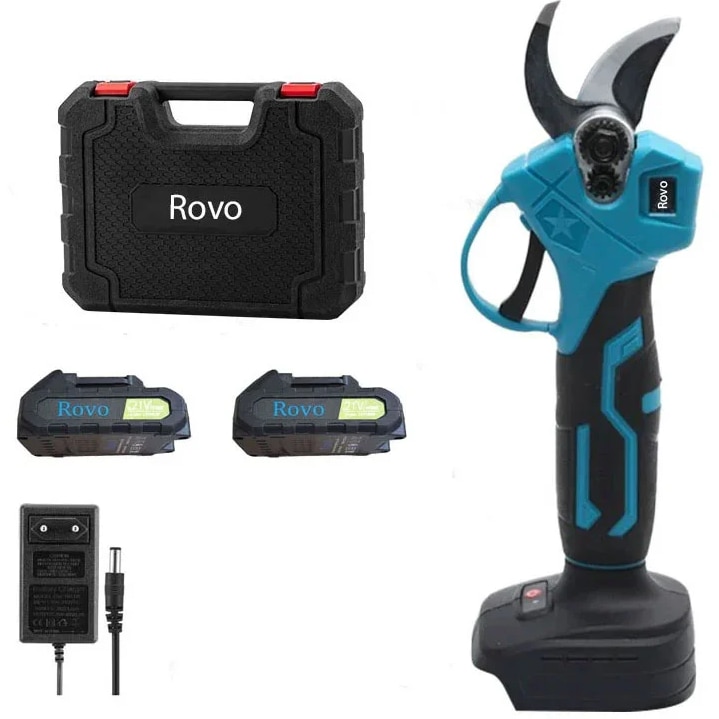 Foarfeca electrica pe acumulator pentru gradina Rovo RV-FE, 21 V, putere maxim 800 W, motor brushless, valiza de transport, taiere maxim 25 mm, contine: 2 acumulatori 2.0 Ah + inca