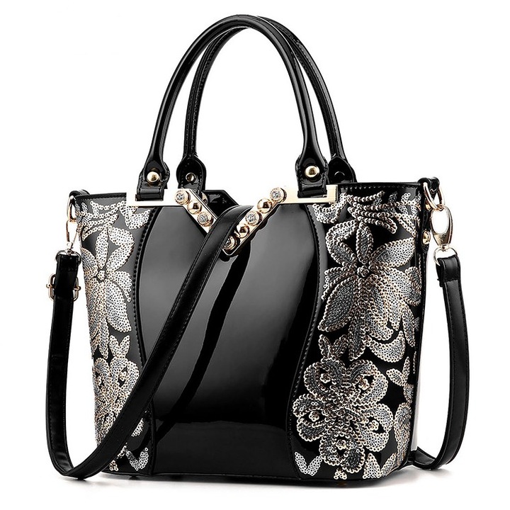 Дамска лачена чанта, С къси дръжки, Ръчна, Еко кожа, Черна