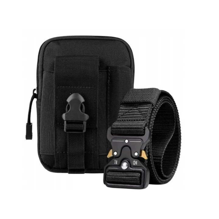 Set geanta tactica si curea militara, Nylon, 2 compartimente, 5x12x17.5cm, Negru