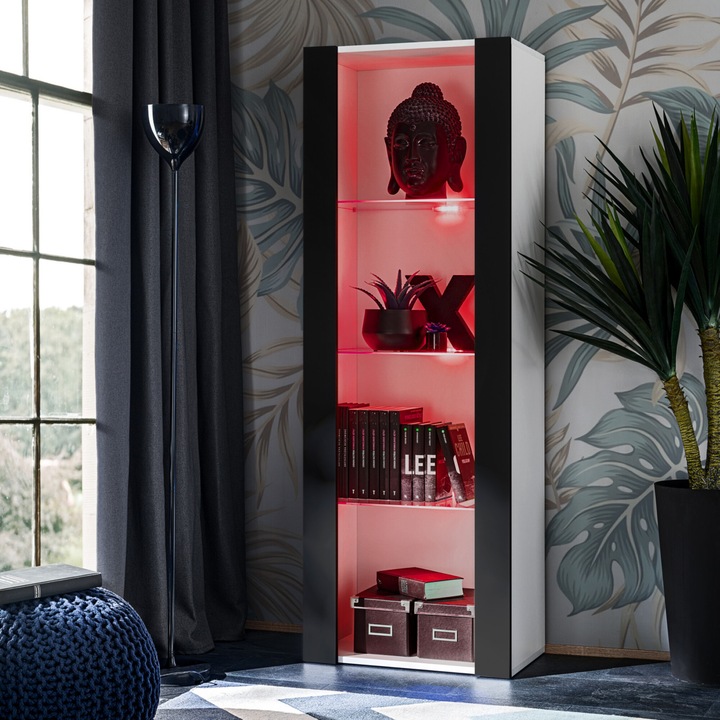 Biblioteca, komodee, Tivoli, 3 compartimente, 3 rafturi din sticla, Iluminare LED RGB, PAL melaminat, 55 x 159 x 35 cm, Alb/Negru