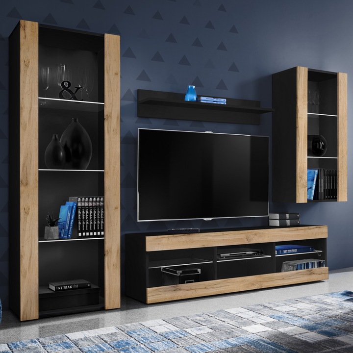 Set Mobila Living, komodee, Tivoli Set Medio, Comoda RTV, Biblioteca, Rafturi, PAL, 250 x 159 x 35 cm, Negru/Wotan