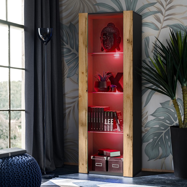 Biblioteca, komodee, Tivoli, 3 compartimente, 3 rafturi din sticla, Iluminare LED RGB, PAL melaminat, 55 x 159 x 35 cm, Negru/Wotan