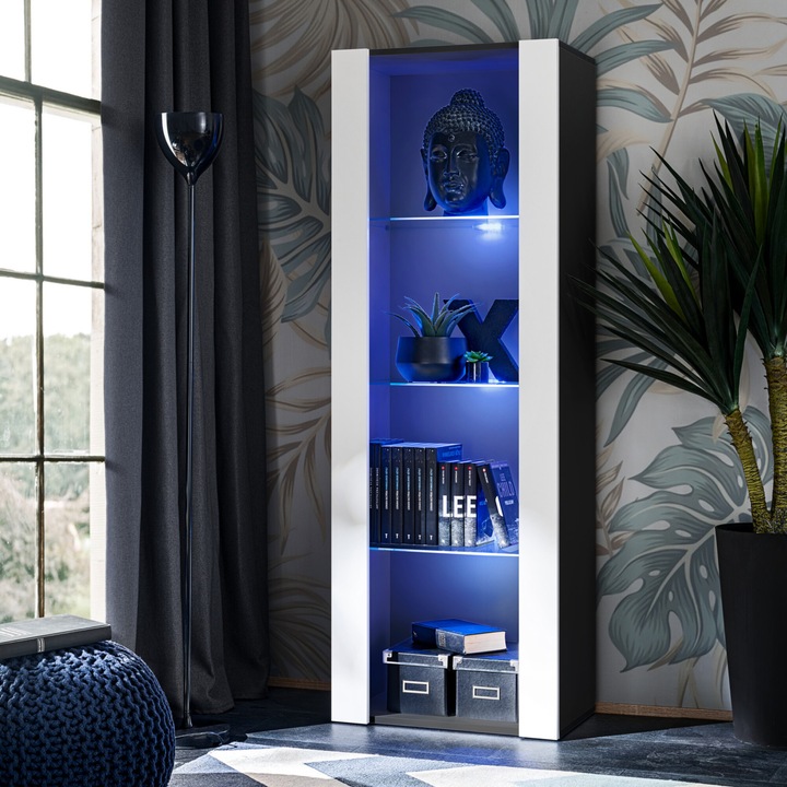 Biblioteca, komodee, Tivoli, 3 compartimente, 3 rafturi din sticla, Iluminare LED Albastru, PAL melaminat, 55 x 159 x 35 cm, Negru/Alb