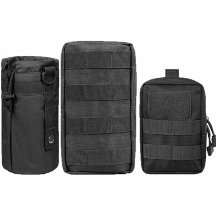 Set 3 bucati rucsac/suport termos supravietuire, Nylon/Poliester, Negru