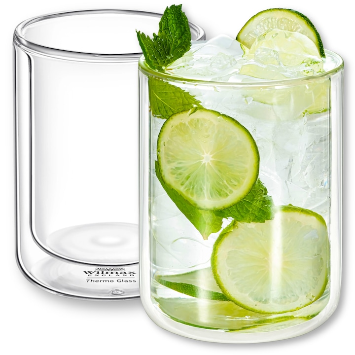 Set Pahare cafea, perete dublu, sticla termorezistenta, 2 x 300 ml, pentru ceai, cafea, Wilmax England