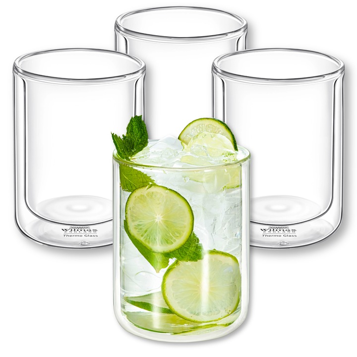 Set Pahare cafea, perete dublu, sticla termorezistenta, 4 x 400 ml, pentru ceai, cafea, Wilmax England