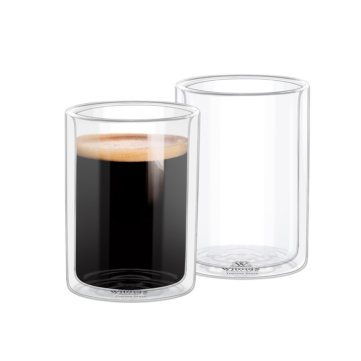 Set Pahare cafea, perete dublu, sticla termorezistenta, 2 x 400 ml, pentru ceai, cafea, Wilmax England