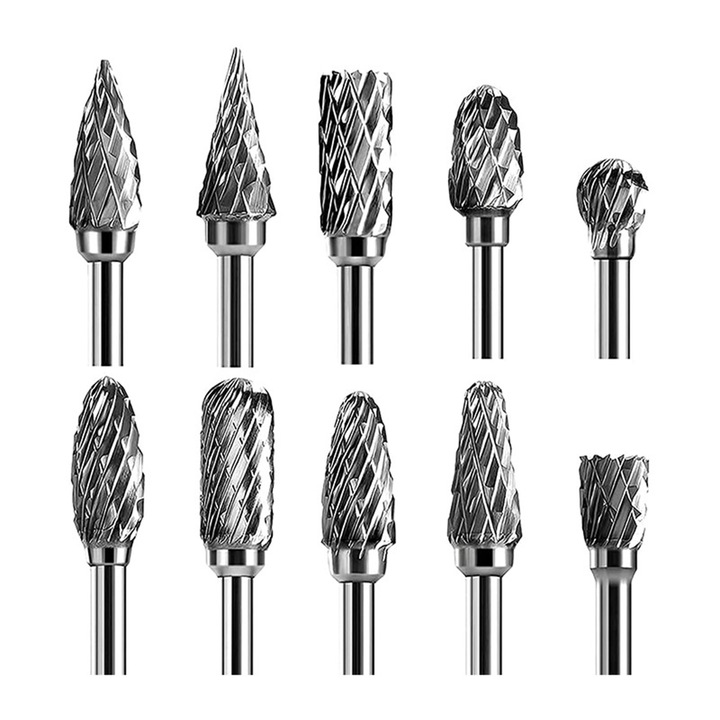 Set 10 freze pentru metal, JENUOS®, 3mm, 6mm, Rezistenta la caldura si anticoroziva, Cu cutie de depozitare, Pentru unelte rotative, slefuit si prelucrarea lemnului, gravare, lustruire a metalelor, Otel tungsten, Argintiu