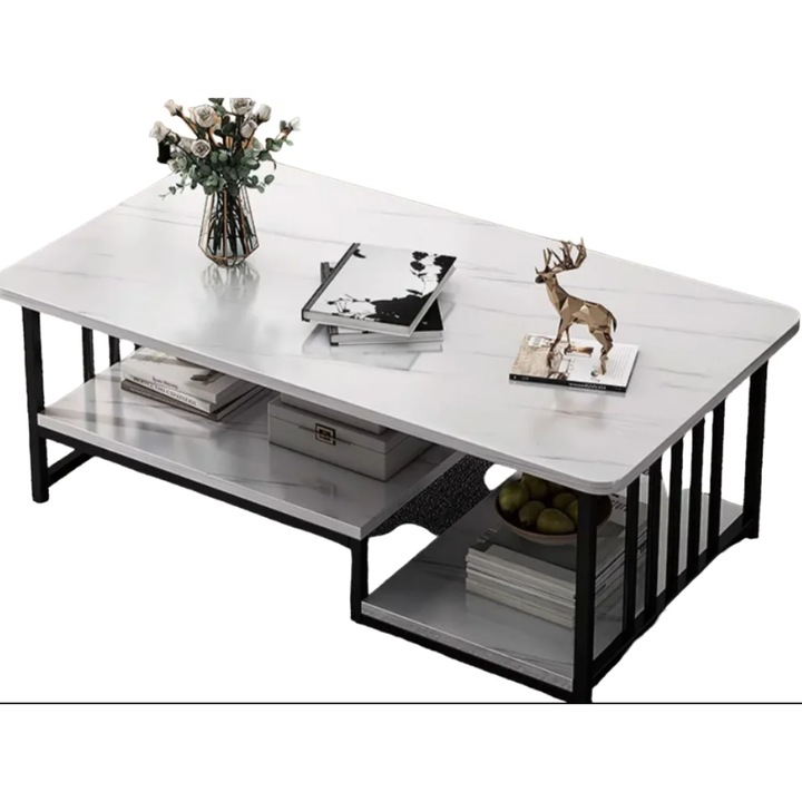 Masa de cafea din marmura artificiala, aspect minimalist si modern, locuri pentru depozitare