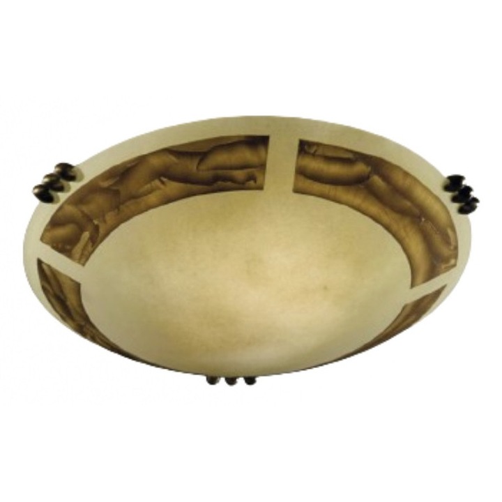Plafoniera Vintage NU 9-371/40 DEKOR E27 2x60W Ornament Metal Antichizat Abajur Sticla Crem si Desen Maro Inchis pe Margine Diametru 40cm ORION