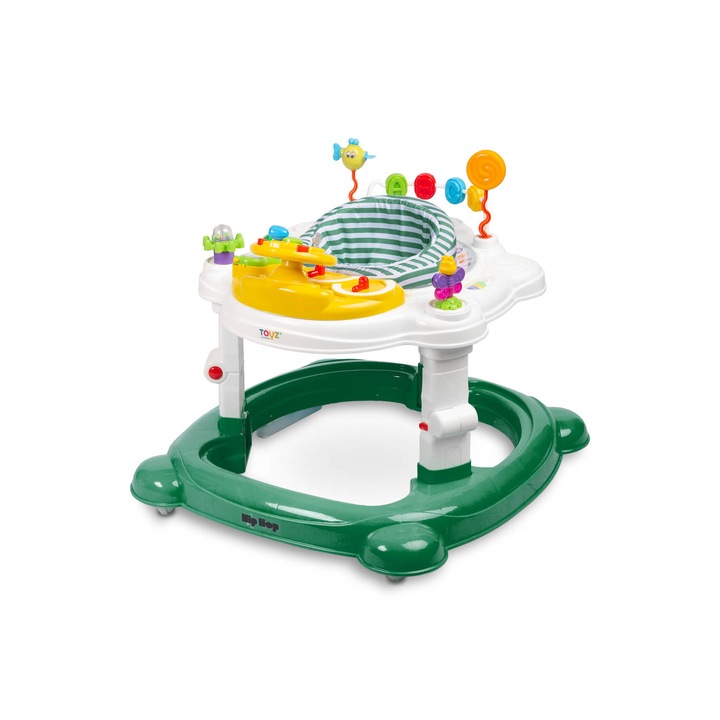 Premergator transformabil in jumper sau centru de activitati pentru bebelusi Toyz Hip Hop cu scaun rotativ 360 si panou interactiv Verde