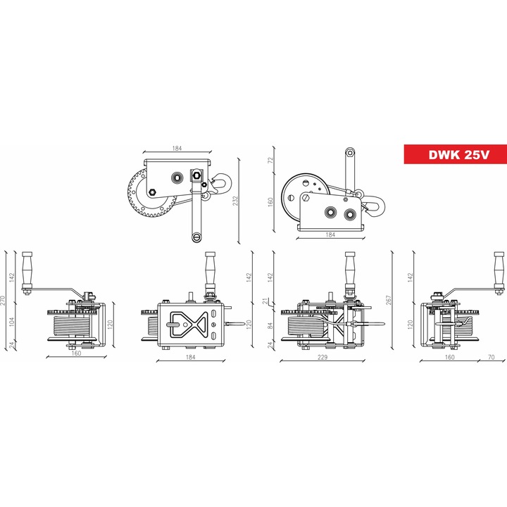 Troliu manual, Dragon Winch DWK 25 V, otel, 1133 kg, 8m, cu curea