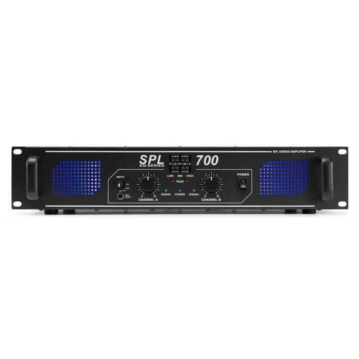 Amplificator, SkyTec, 2x350W, 3 band EQ, LED albastru, Negru